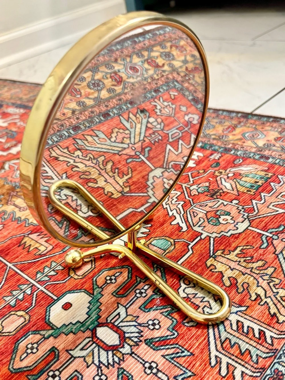 Vintage Brass Round Hand and Tabletop Mirror, Magnifying - Gold